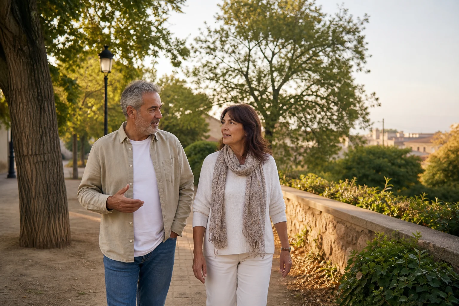 Pareja adulta conversando mientras camina por un paseo arbolado