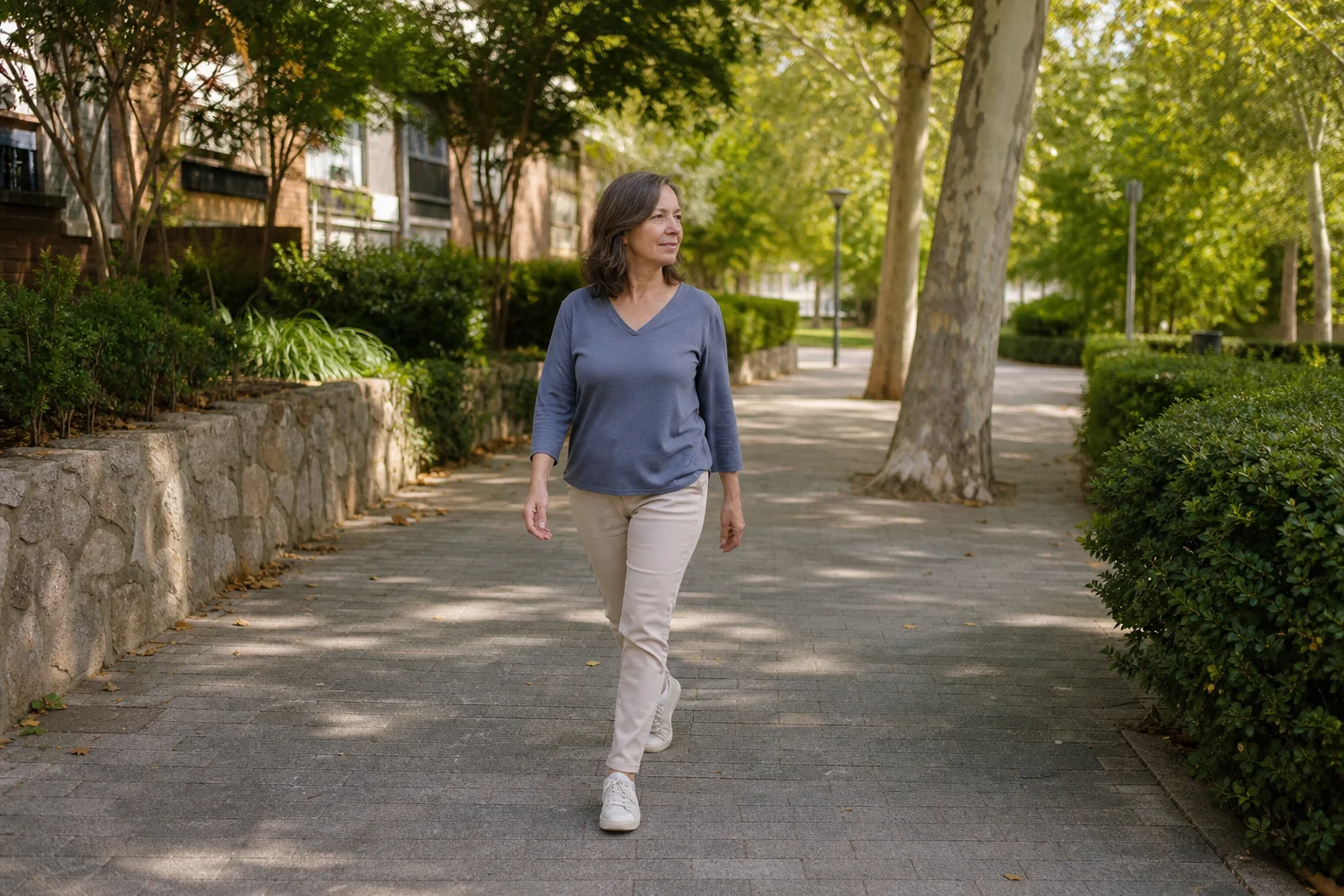 Mujer adulta caminando con tranquilidad por una vía verde de su barrio