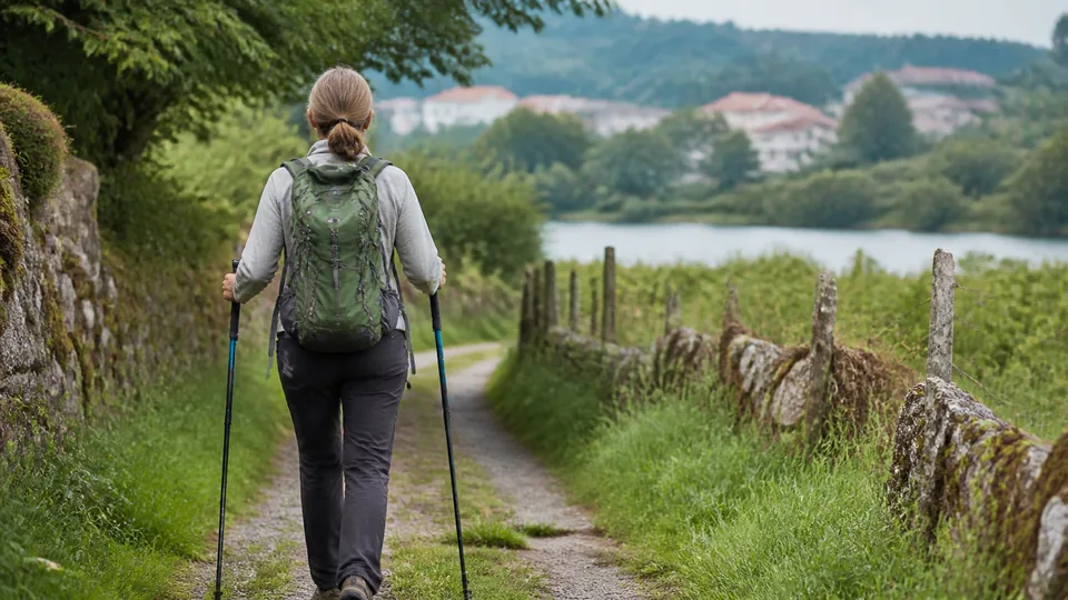 Peregrina adulta caminando por un sendero rural de Galicia