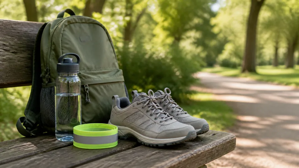 Zapatillas, mochila, botella y elemento reflectante preparados para caminar