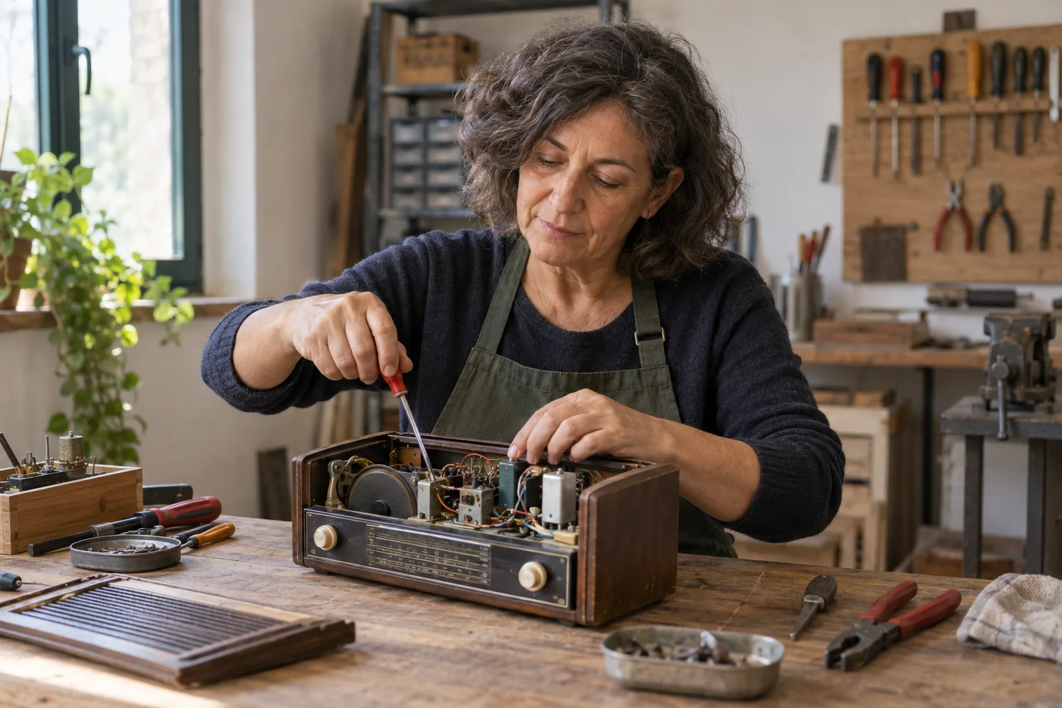Mujer de mediana edad repara una radio abierta en un taller comunitario