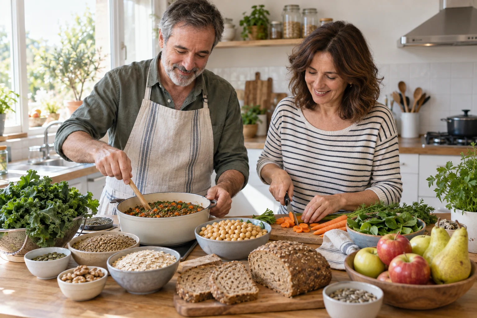 Dos personas adultas preparan una comida con verduras, legumbres y cereales integrales