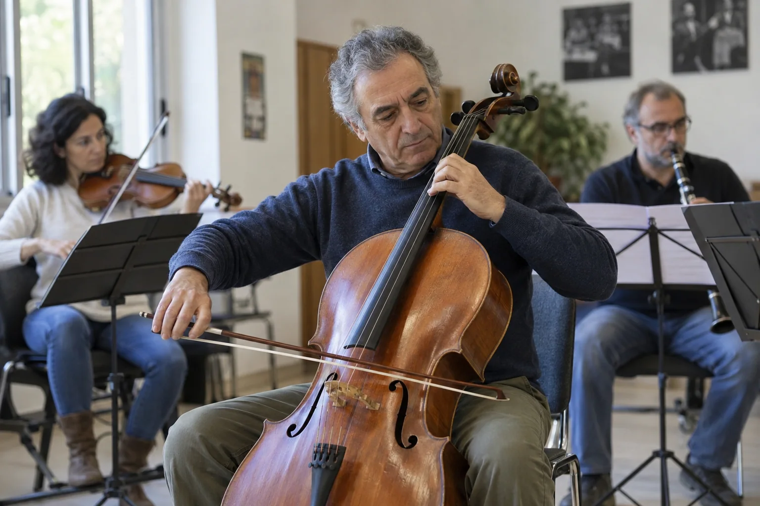 Hombre adulto toca el violonchelo junto a otros músicos en un ensayo comunitario