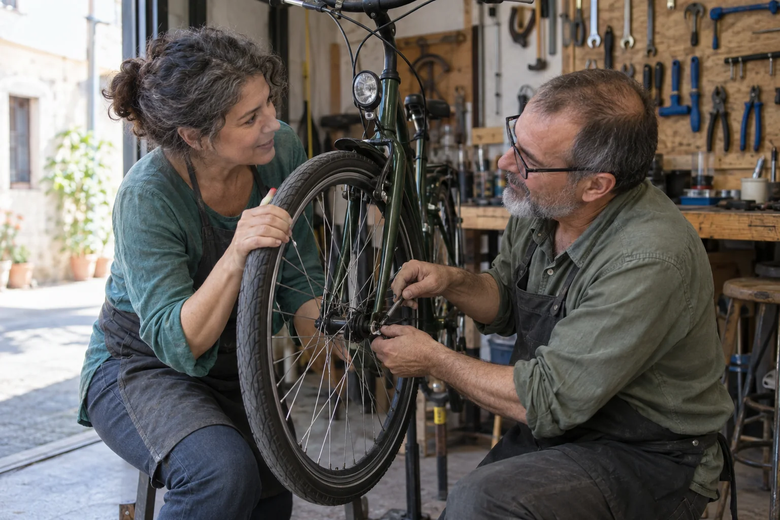 Dos personas reparan juntas una bicicleta en un taller vecinal