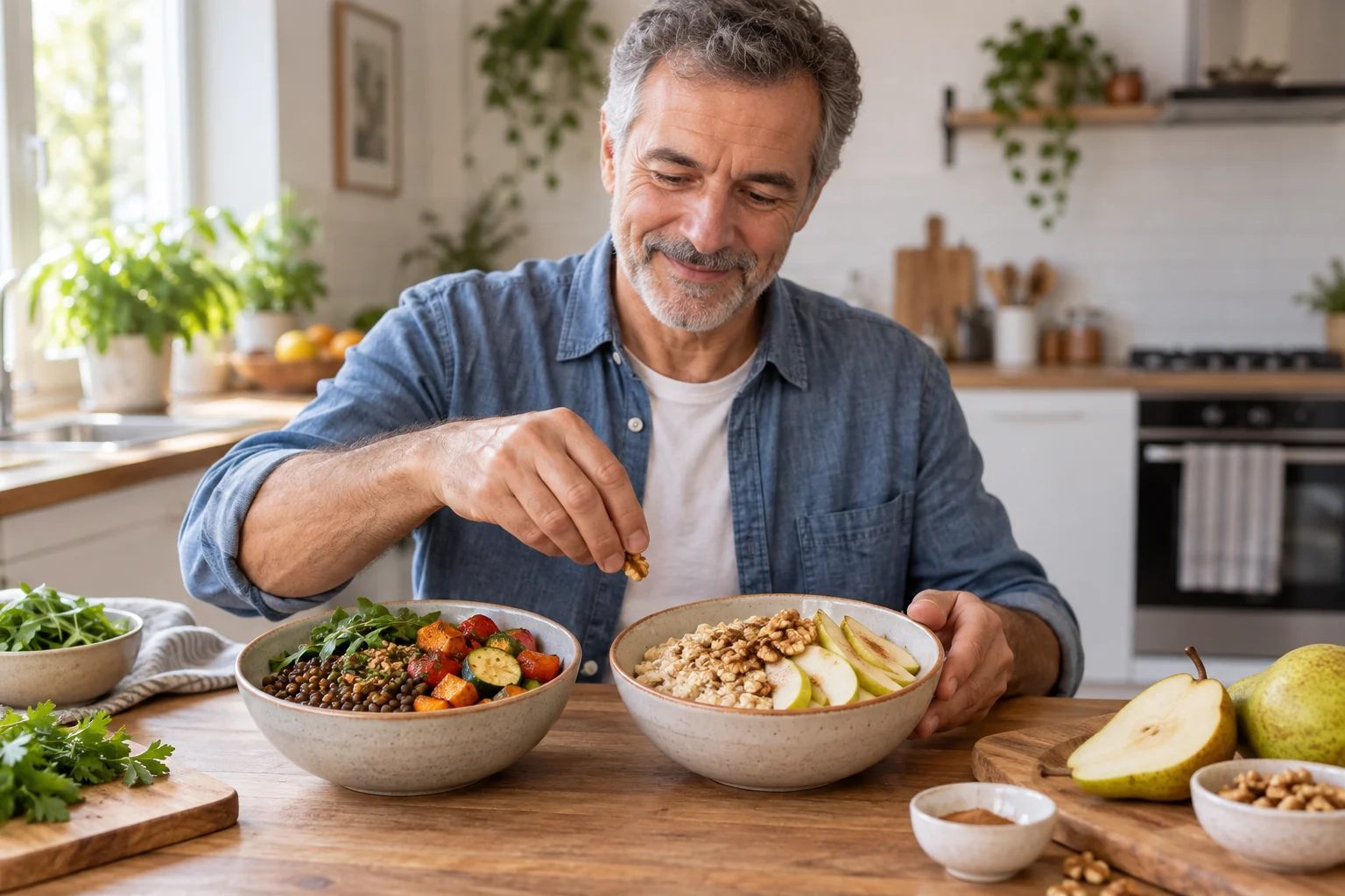 Un hombre compara dos comidas con fuentes distintas de fibra, una con legumbres y otra con avena y fruta