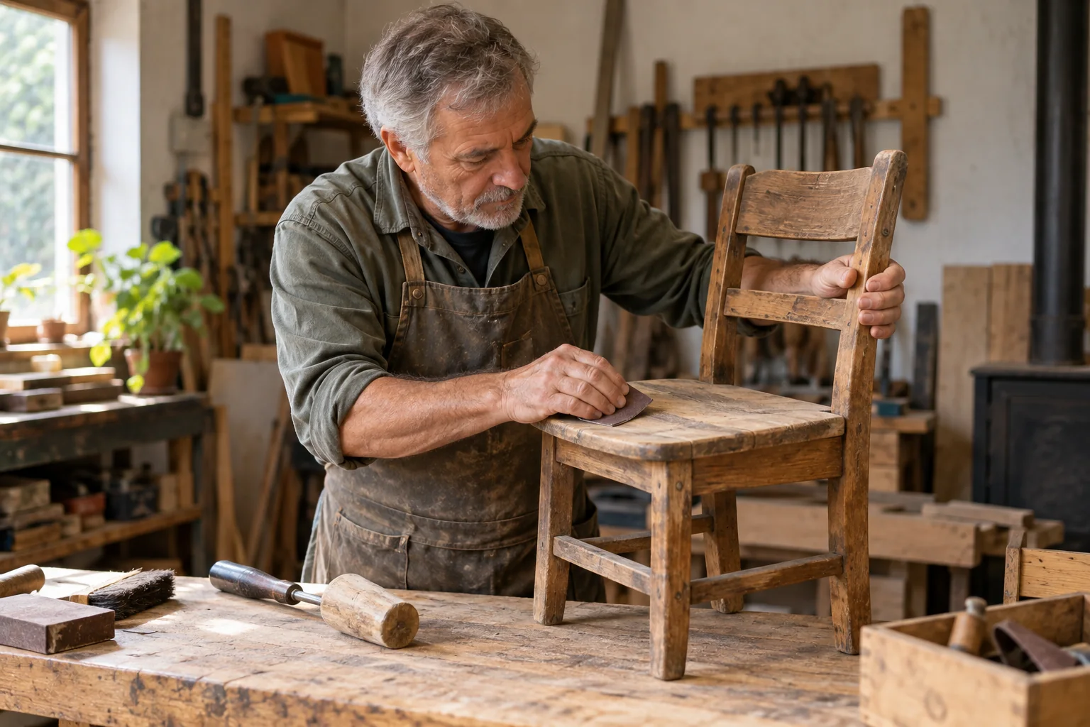 Hombre restaura una pequeña silla de madera en un taller comunitario