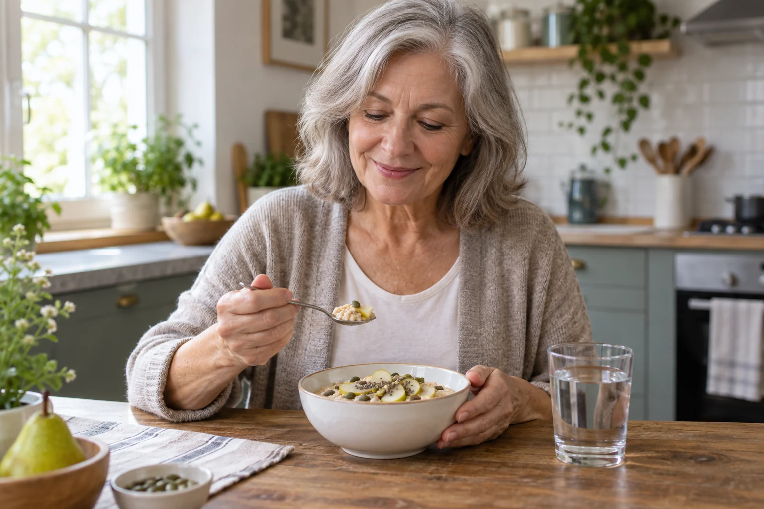 Una mujer toma un desayuno de avena y fruta con un vaso de agua
