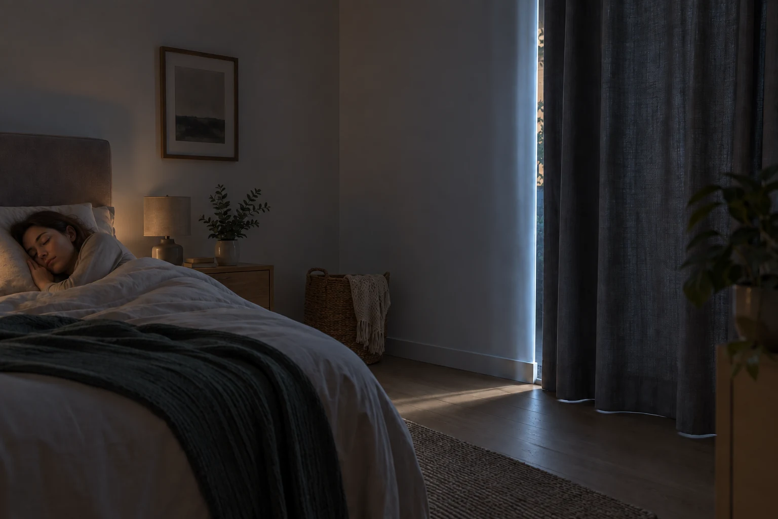 Una mujer duerme mientras una franja de luz exterior entra por el lateral de la cortina