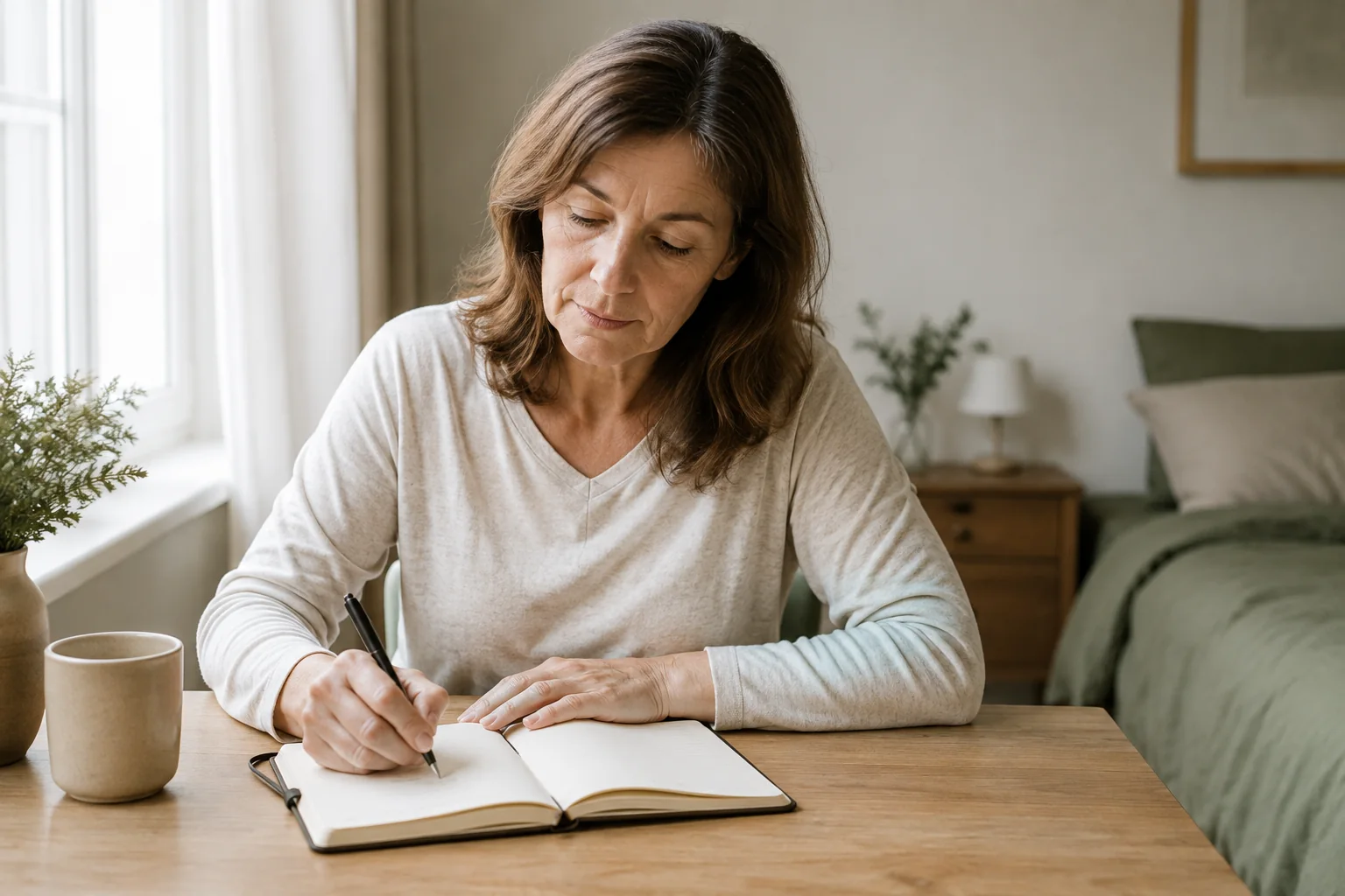 Una mujer anota sus horarios y sensaciones de descanso en un cuaderno
