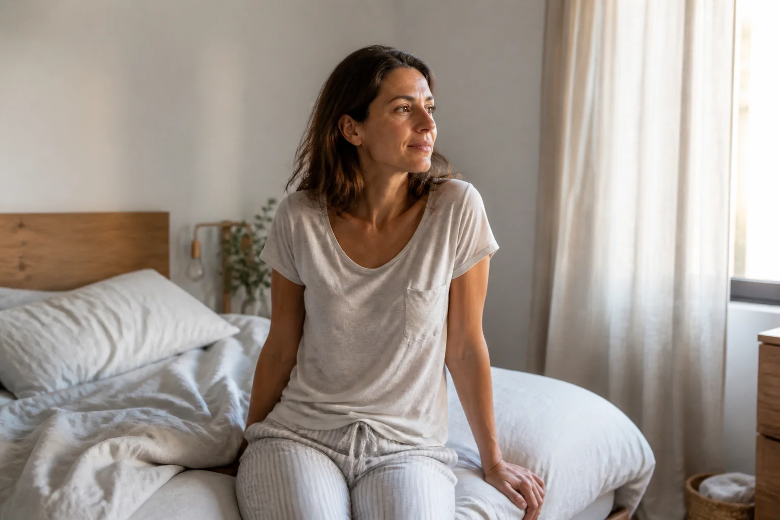 Una mujer adulta comienza el día sentada en la cama junto a una ventana luminosa